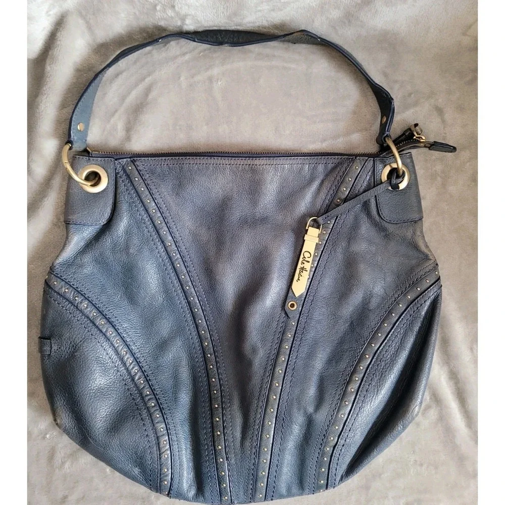 Cole Haan Blue Distressed Studded Leather Hobo Shoulder Bag